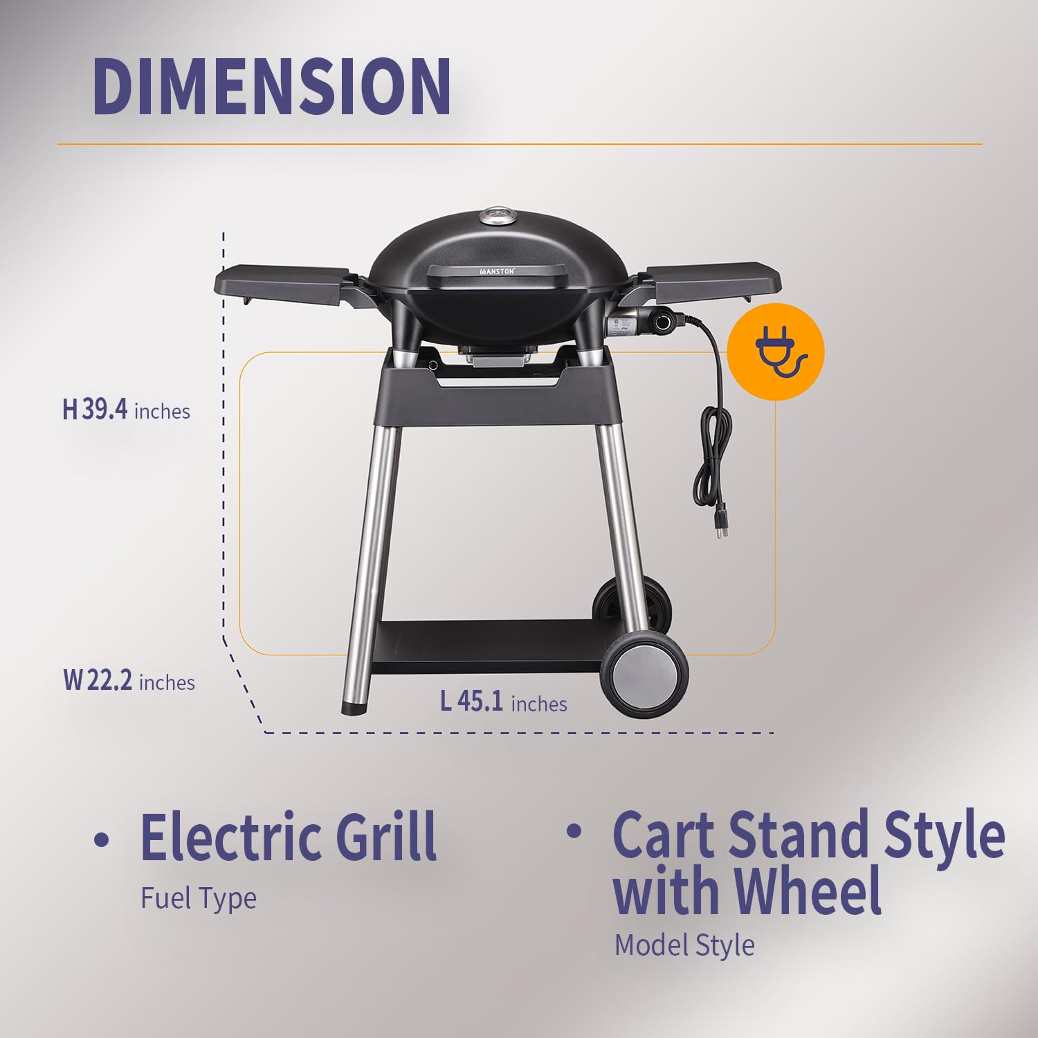 VANSTON Outdoor Electric Barbecue Grill & Smoker with Removable Stand, Cart Style, Black, 1500W Portable and Convenient Camping Grill for Party, Patio, Garden, Backyard, Balcony, Built-In Thermometer