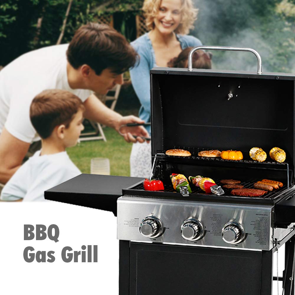 MASTER COOK 3 Burner BBQ Propane Gas Grill, Stainless Steel 30,000 BTU Patio Garden Barbecue Grill with Two Foldable Shelves