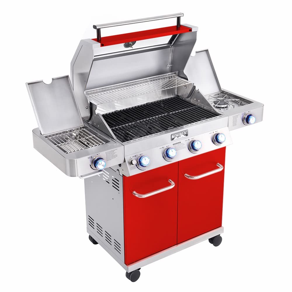 Monument Grills Larger 4-Burner Propane Gas Grills Stainless Steel Cabinet Style with Clear View Lid, LED Controls, Built in Thermometer, and Side & Infrared Side Sear Burners, Red