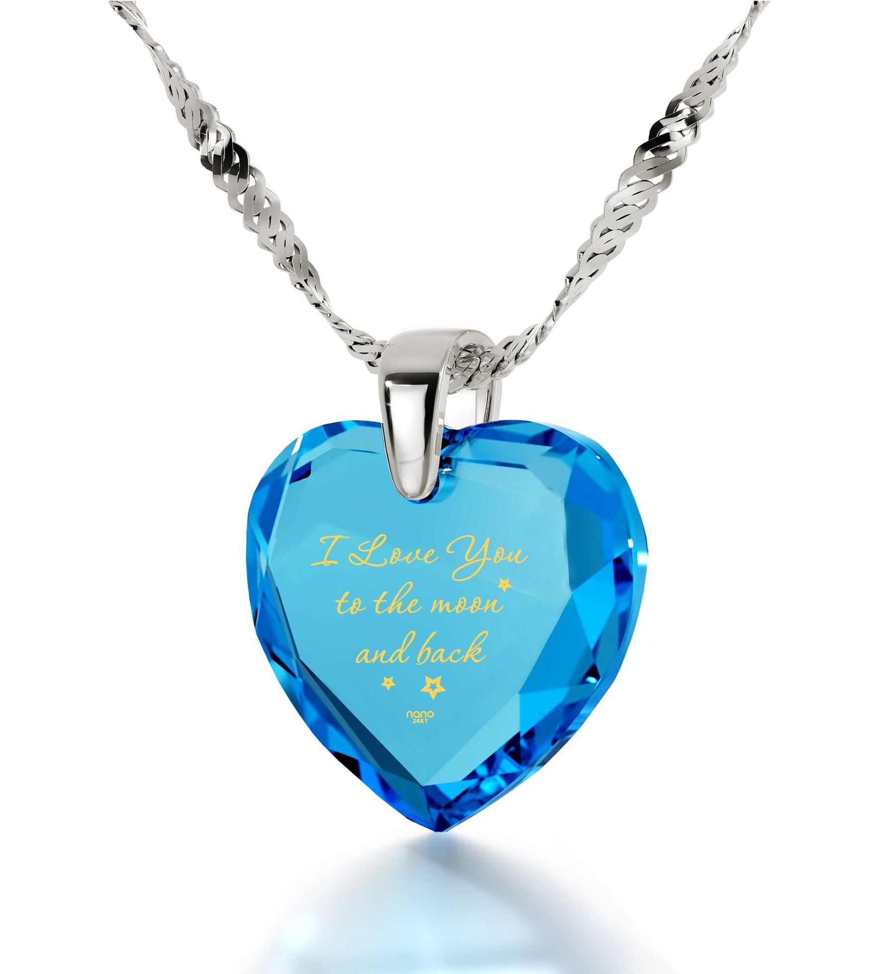 925 Sterling Silver I Love You to The Moon and Back Necklace 24k Gold Inscribed Heart Cubic Zirconia Pendant