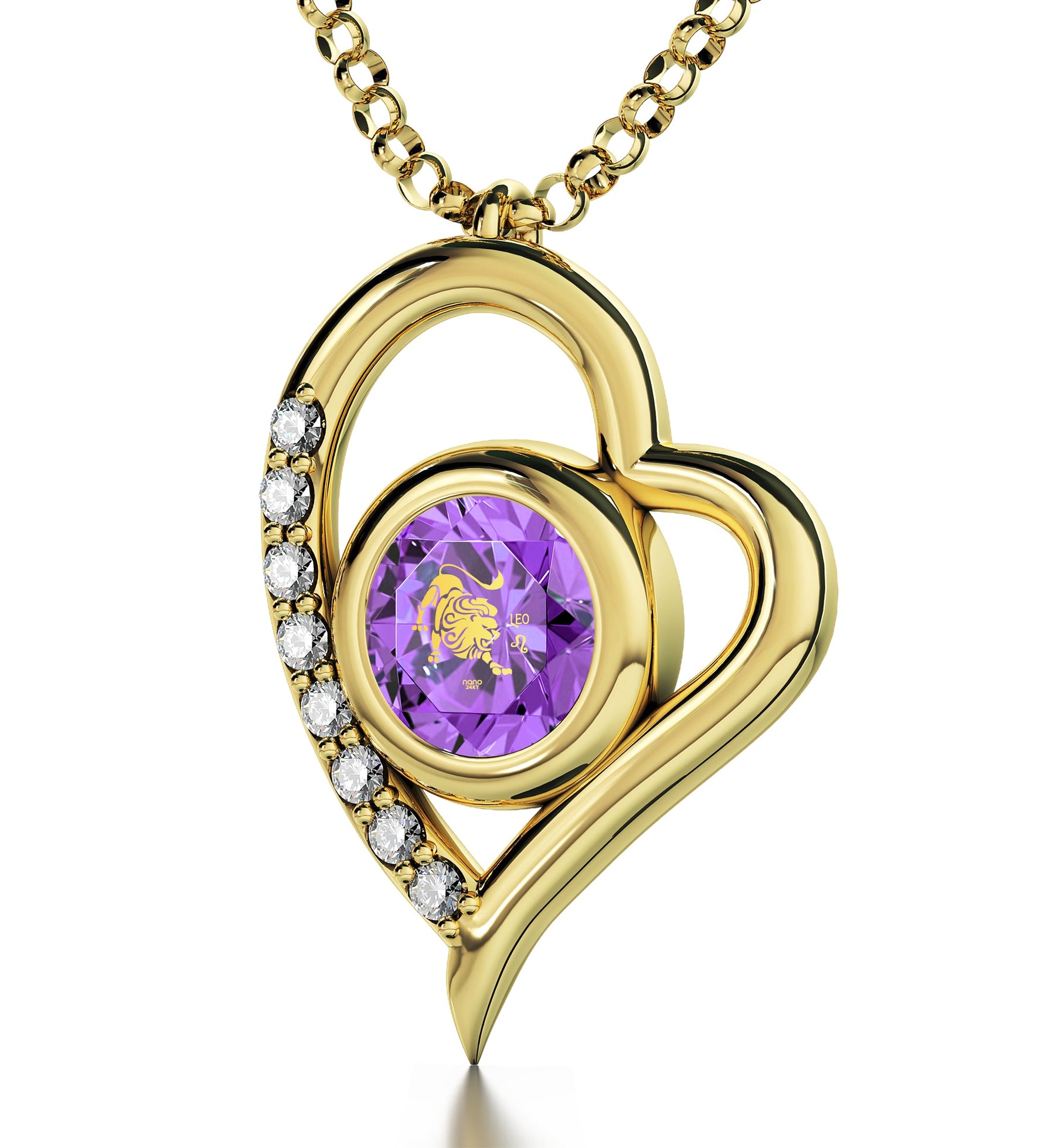 Gold Plated Silver Leo Necklace Zodiac Heart Pendant 24k Gold Inscribed on Crystal