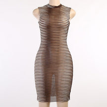 Stripe Printed O-neck Party Mini Dress