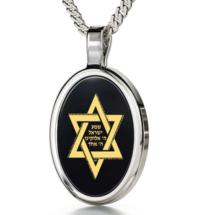 Star of David Necklace Shema Israel Pendant 24k Gold Inscribed on Onyx