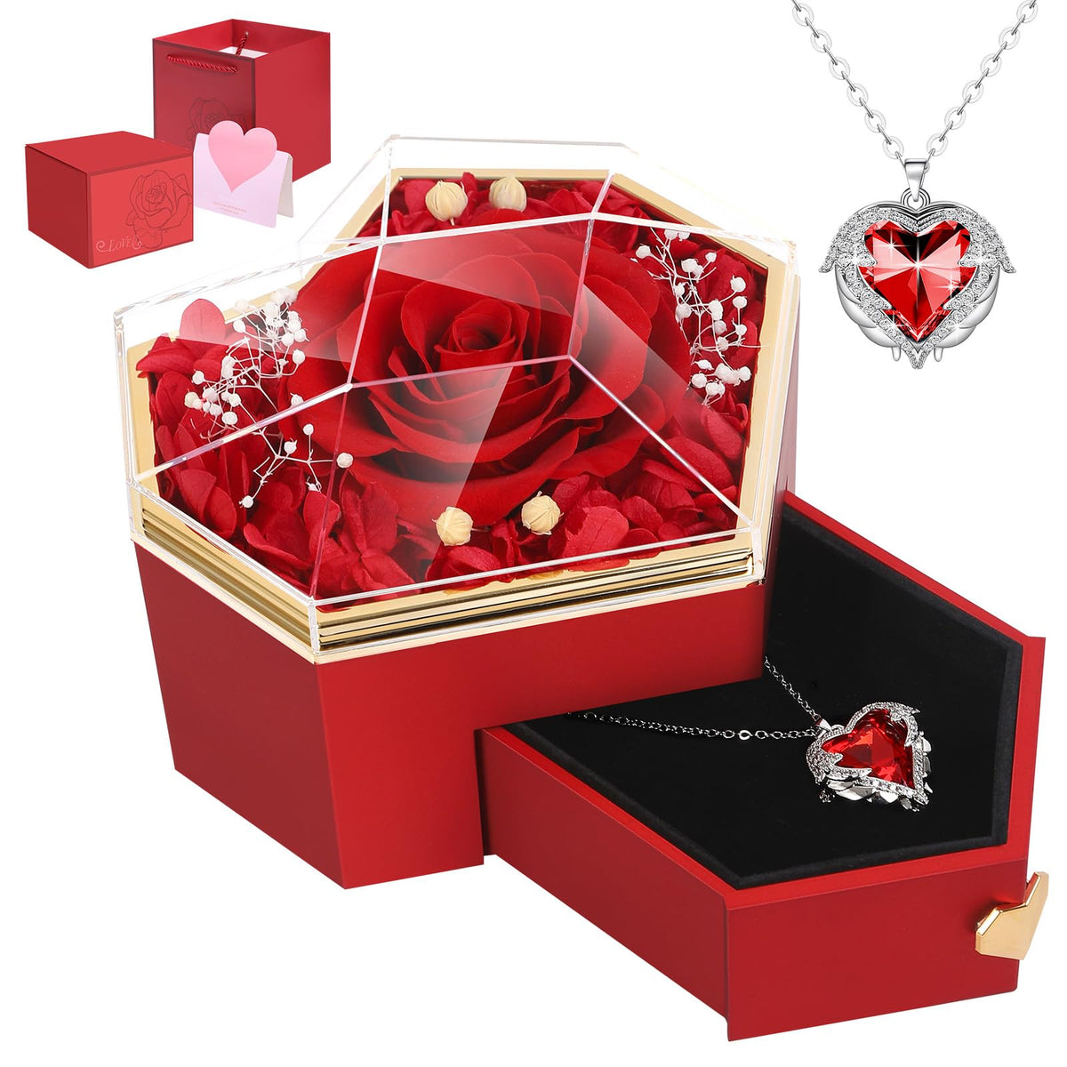 Preserved Red Real Rose with Necklace Forever Flowers Diamond Shaped Box for Mom Wife Girlfriend Grandma on Mothers Day Birthday Valentines Christmas Anniversary Beatiful Gifts for Women…