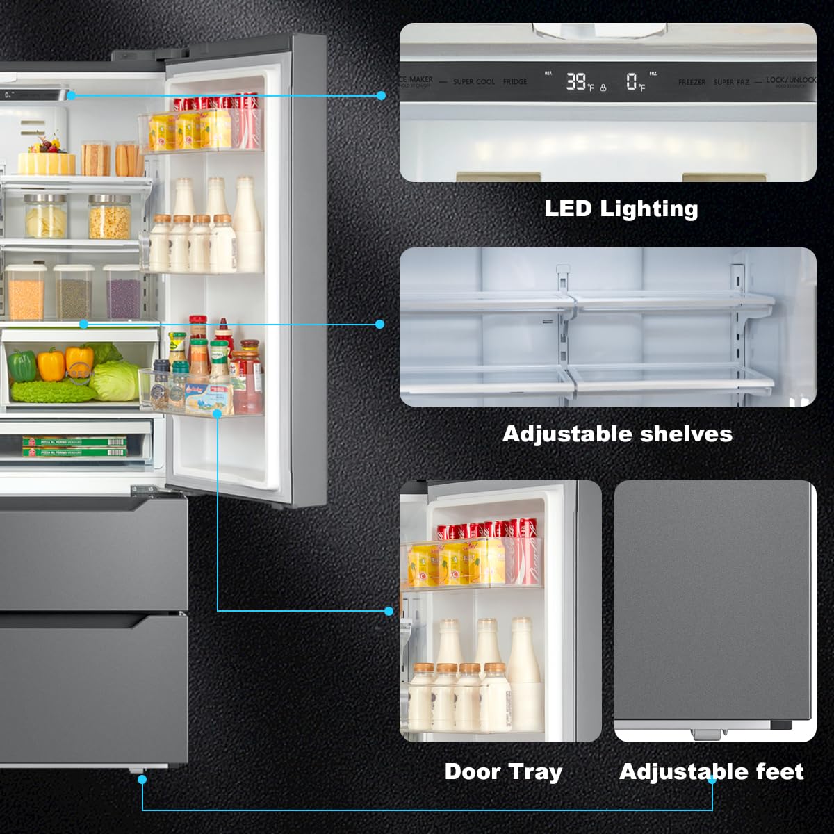 SMETA Refrigerator French Door with Ice Maker, 36'' Kitchen Fridge, Frost-free Counter Depth Refrigerators Double Door Fridges Stainless Steel Full Size Bottom Freezer 22.5 Cu.Ft neveras para cocina