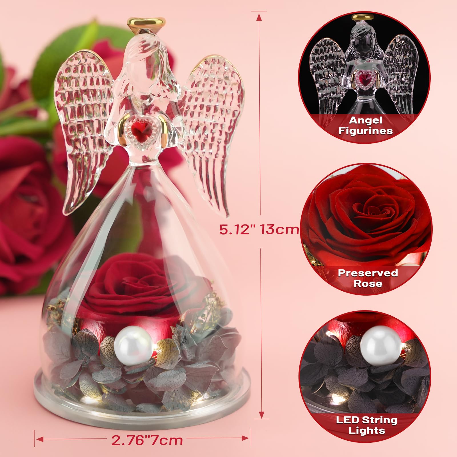 Miofula Angel Roses Mom Birthday Gifts, Grandma Gifts, Handmade Glass Angels Figurines with Preserved Real Rose Wife Mothers Gifts, for Women on Valentines Day Mothers Day Christmas