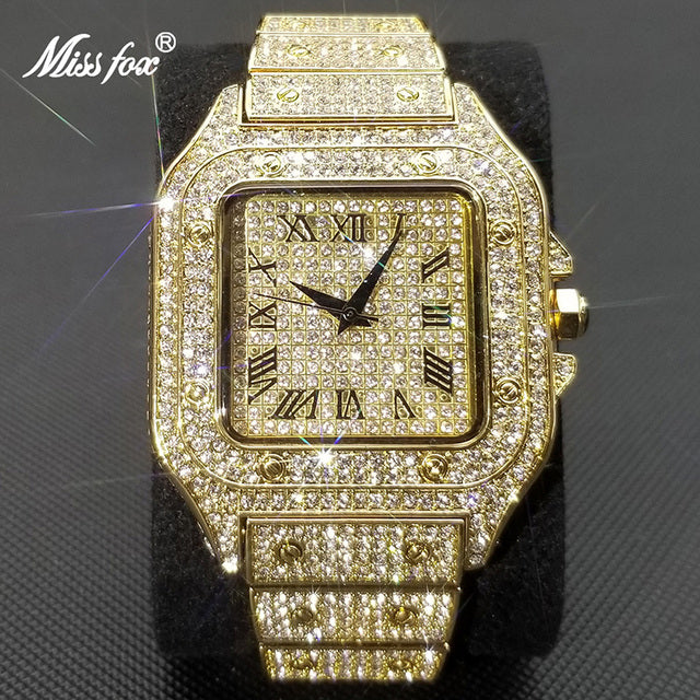 MISSFOX Ice Out Square Watch For Men Top Brand Luxury Full Diamond Mens Watches Ultra Thin Waterproof Hip Hop Clock Dropshipping