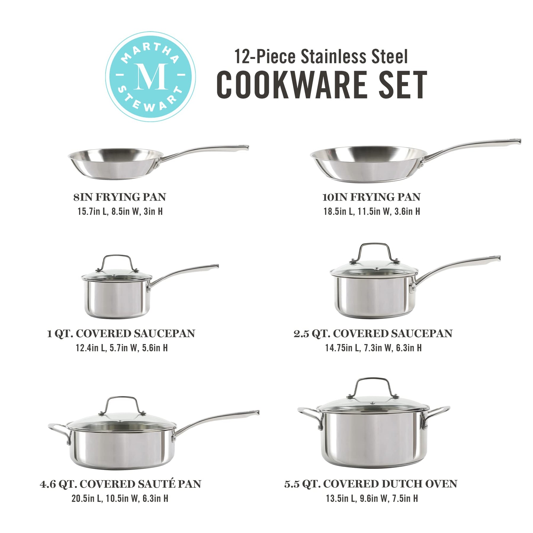 Martha Stewart Castelle 10 Piece 18/8 Stainless Steel Induction Safe Pots and Pans Non-Toxic Cookware Set