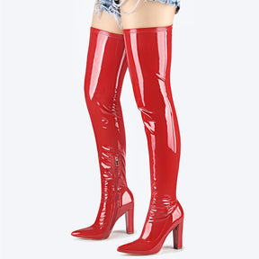 Wsheliu Red Thigh High Leather Boots Over The Knee Boots Women Side Zipper Chunky Heels Tall Boots Trendy Pointed Toe Thigh High Boots Fall Boots Size 7.5