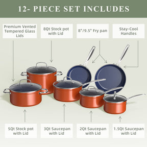 Nuwave Healthy Duralon Blue Ceramic Nonstick Cookware Set, Diamond Infused Scratch-Resistant, PFAS Free, Dishwasher & Oven Safe, Induction Ready & Evenly Heats,Tempered Glass Lids & Stay-Cool Handles