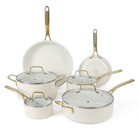 Martha Stewart Lockton Premium Nonstick PFA Free Ceramic Interior 10 Piece Heavy Gauge Enamel Aluminum Pots and Pans Cookware Set - Linen White w/Gold Handle