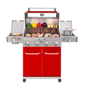 Monument Grills Larger 4-Burner Propane Gas Grills Stainless Steel Cabinet Style with Clear View Lid, LED Controls, Built in Thermometer, and Side & Infrared Side Sear Burners, Red