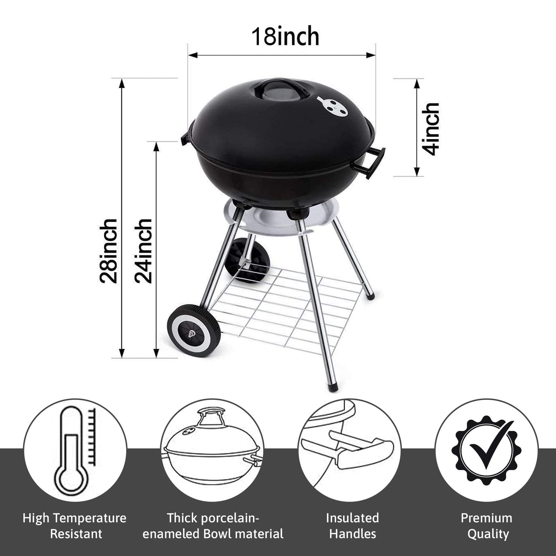 18 Inch Portable Charcoal Grill with Wheels for Outdoor Cooking Barbecue Camping BBQ Coal Kettle Grill - Heavy Duty Round with Thickened Grilling Bowl Wheels for Small Patio Backyard