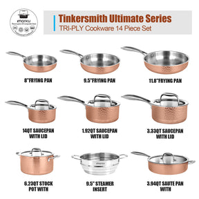 imarku Stainless Steel Pots and Pans Set, 14PCS Kitchen Cookware Sets with Lids, Non-Toxic Tri-Ply Clad Hammered Stainless Steel, Suits Ceramic and Induction, Oven and Dishwasher Safe, Rose Gold