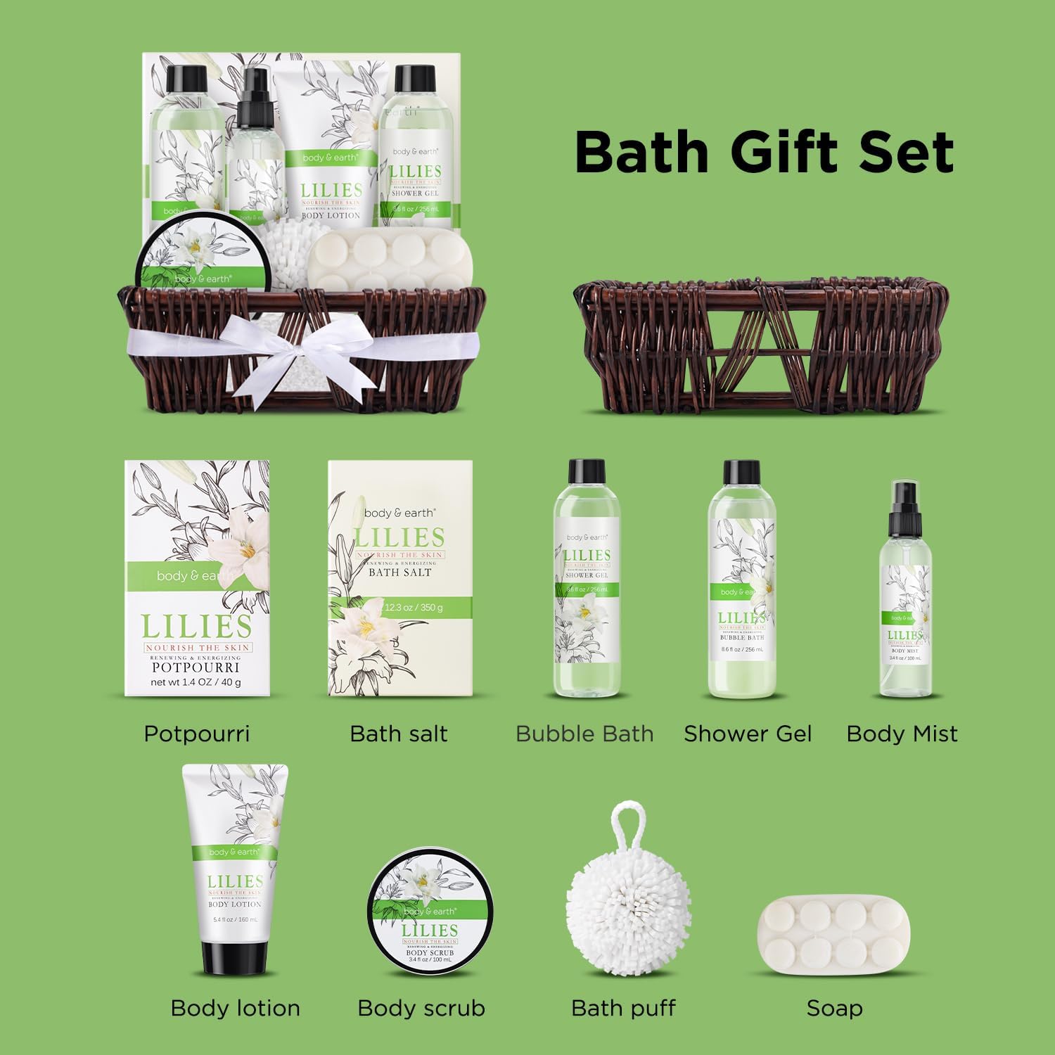 Gift Baskets For Women Body & Earth 10pcs Spa Gifts For Women, Lily Gift Baskets Bath and Body Works Gift Set For Women with Bubble Bath, Body Lotion, Birthday Gifts for Women Mothers Day Gifts