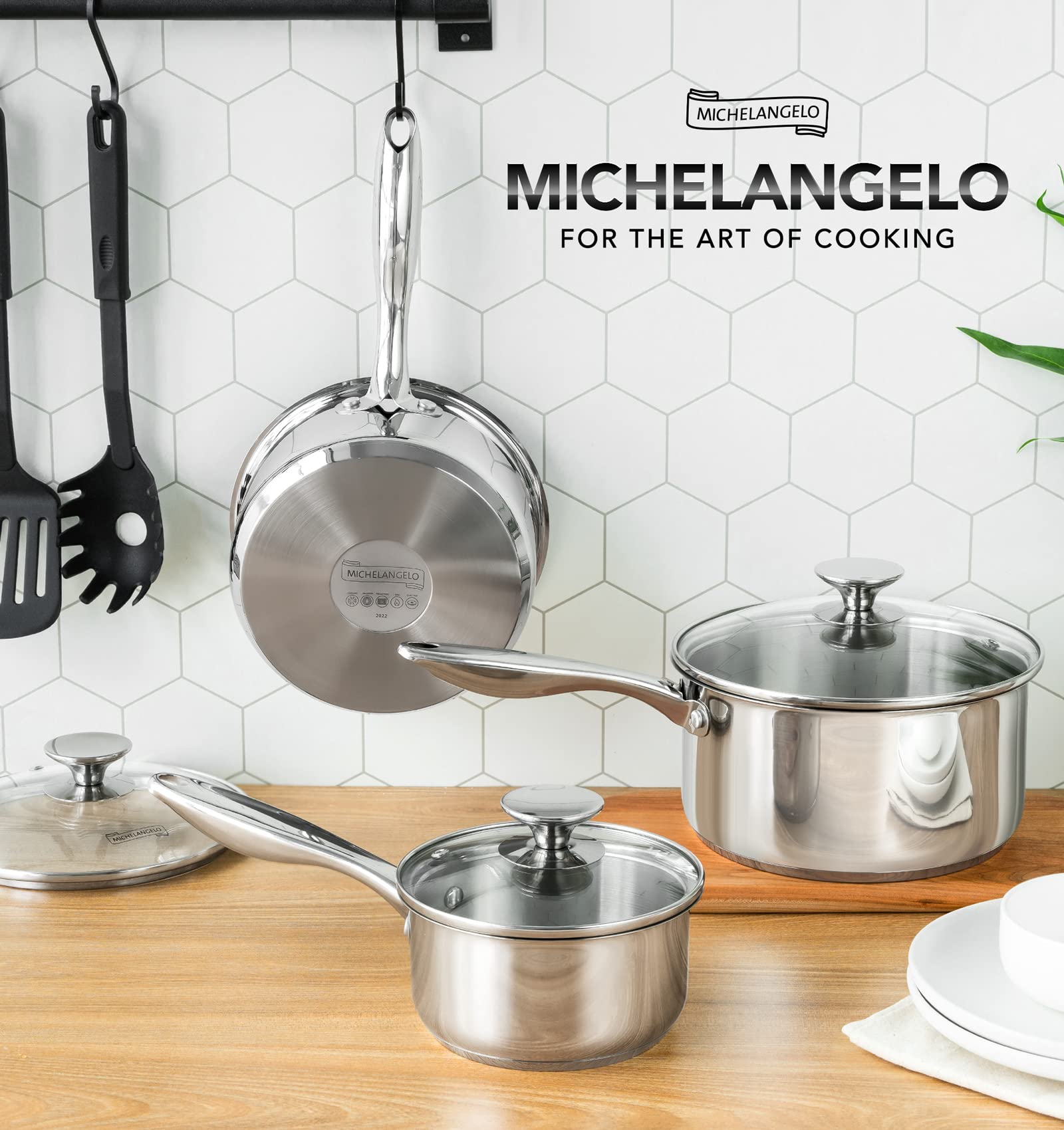 MICHELANGELO Stainless Steel Saucepan Set with Lids 1QT & 2QT & 3QT, Stainless Steel Sauce Pot Set 6pcs, Induction Saucepans, Nonstick Sauce Pan Set, Dishwasher Safe