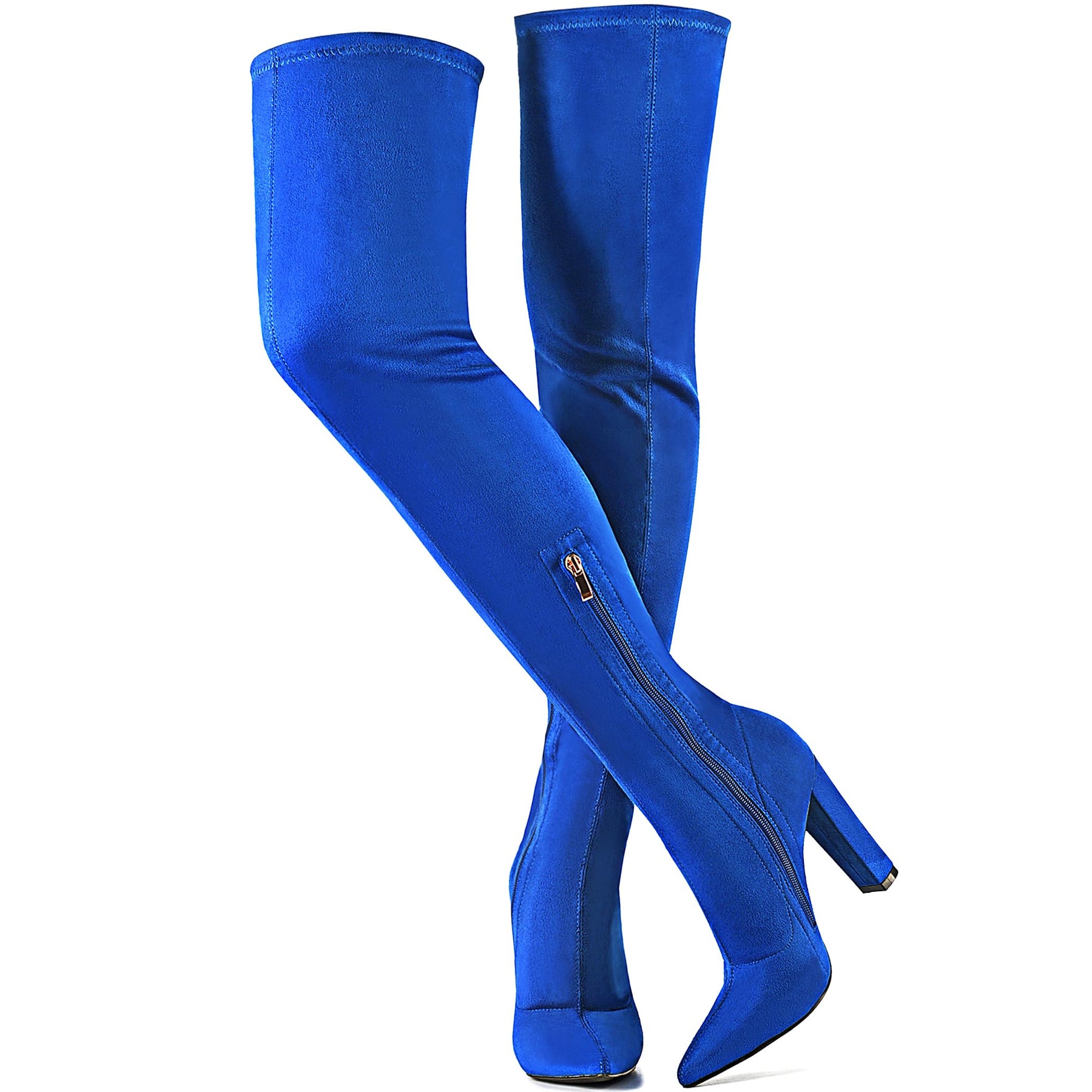 WSKEISP Blue Boots Knee High Stretch Suede Thigh High Boots for Women Over The Knee Boots 4.13IN Chunky Heel