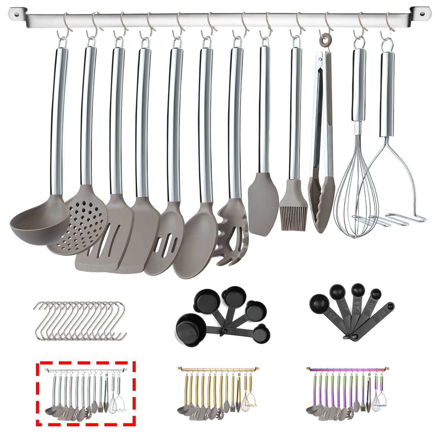 38 Piece Silicone kitchen Cooking Utensils Set with Utensil Rack, Silicone Head and Stainless Steel Handle Cookware, Kitchen Tools for Utensil Sets, Non-Stick kitchen Gadgets, Dishwasher Safe(Silver)