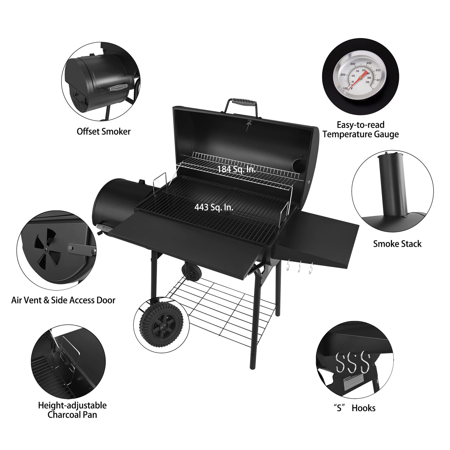 Royal Gourmet CC1830S 30" BBQ Charcoal Grill and Offset Smoker | 811 Square Inch cooking surface, Outdoor for Camping | Black