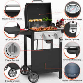 Havato 21000 BTU Propane Gas Grill with 2-Burner,325 sq.in. Outdoor BBQ Grill for Barbecue Cooking with Top Cover Lid,Wheels,Side Storage Shelves,Barbeque Stove for Patio Garden Camping,Black