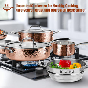 imarku Stainless Steel Pots and Pans Set, 14PCS Kitchen Cookware Sets with Lids, Non-Toxic Tri-Ply Clad Hammered Stainless Steel, Suits Ceramic and Induction, Oven and Dishwasher Safe, Rose Gold