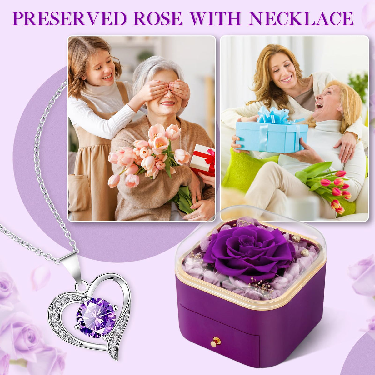 Beferr Mothers Day Mom Gifts for Women Birthday Gifts Preserved Real Purple Rose with Necklace Eternal Roses Forever Flowers Mothers Day Rose Gifts for Mom from Daughter Wife Sister Grandma