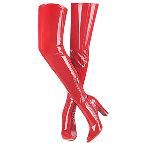 Wsheliu Red Thigh High Leather Boots Over The Knee Boots Women Side Zipper Chunky Heels Tall Boots Trendy Pointed Toe Thigh High Boots Fall Boots Size 7.5