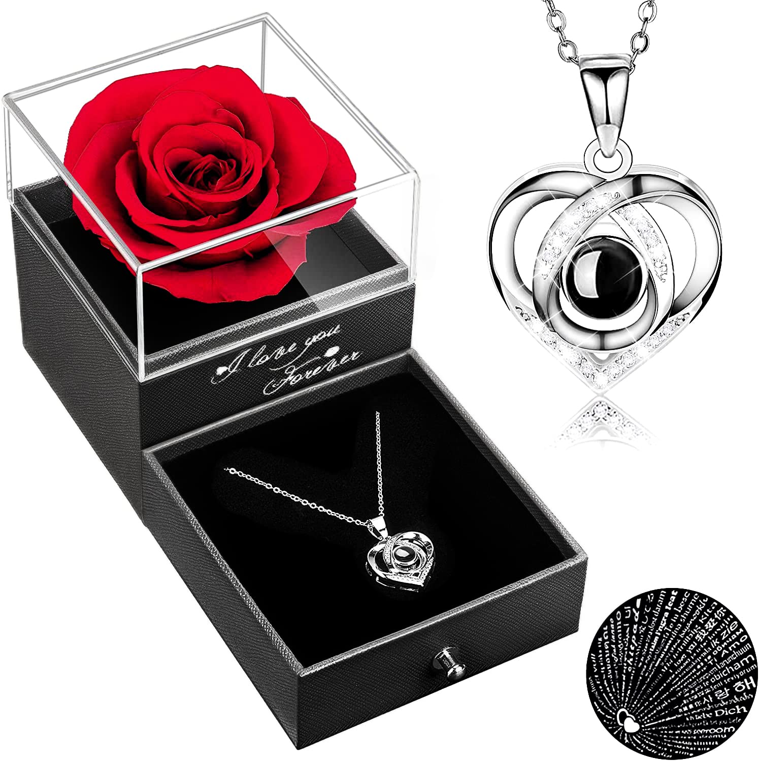 TRAALL Mom Gifts for Mothers Day Preserved Real Rose with I Love You Necklace Eternal Rose Flowers Gifts for Mom Wife Girlfriend Grandma on Mothers Day Anniversary Birthday Gifts for Women(Red)