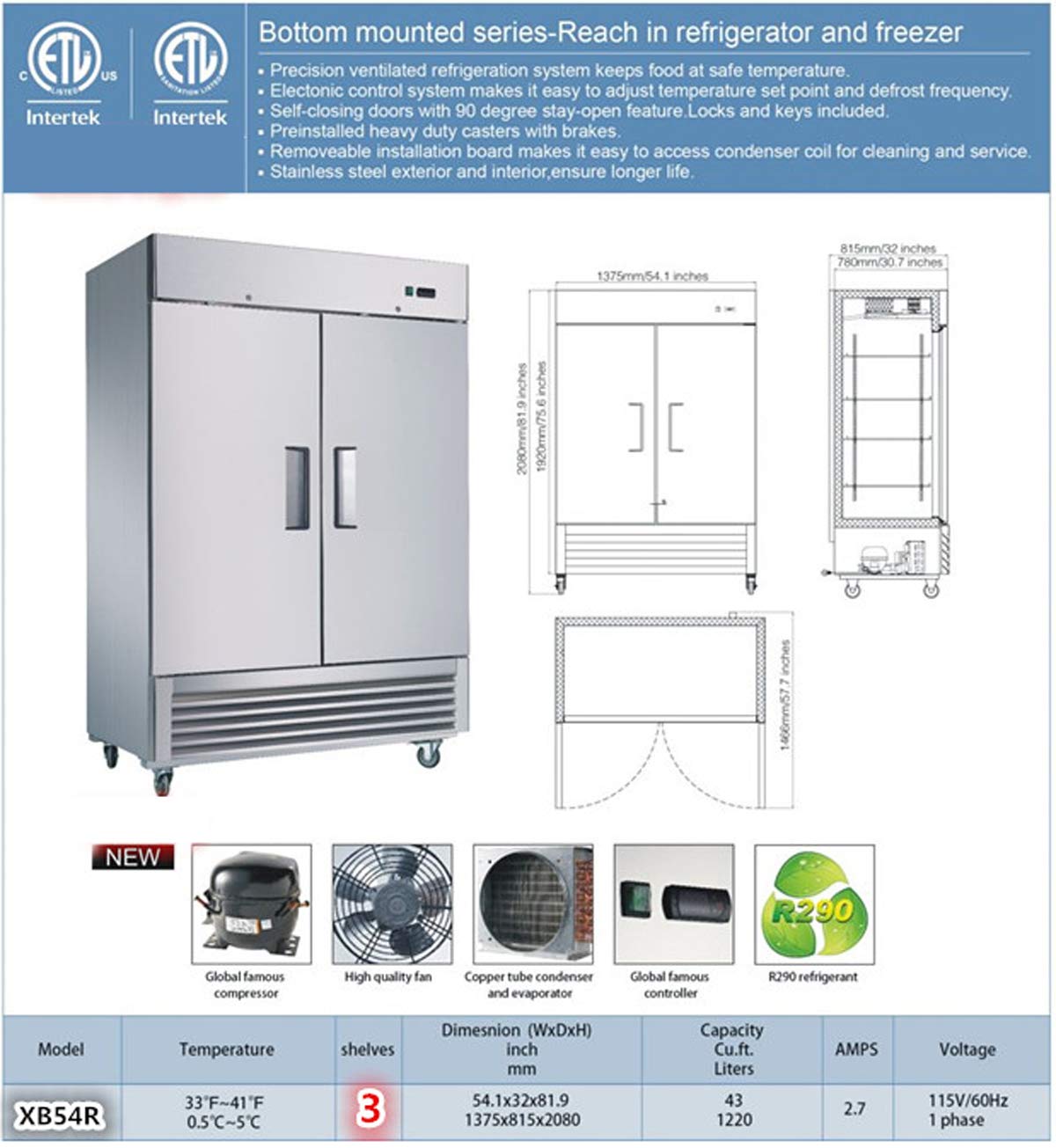 Commercial Refrigerator 2 doors Stainless Steel Solid 54" Width, Capacity 43Cuft, 110V for Restaurant Kitchen Cooler Fridge all32dup1