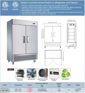 Commercial Refrigerator 2 doors Stainless Steel Solid 54" Width, Capacity 43Cuft, 110V for Restaurant Kitchen Cooler Fridge all32dup1