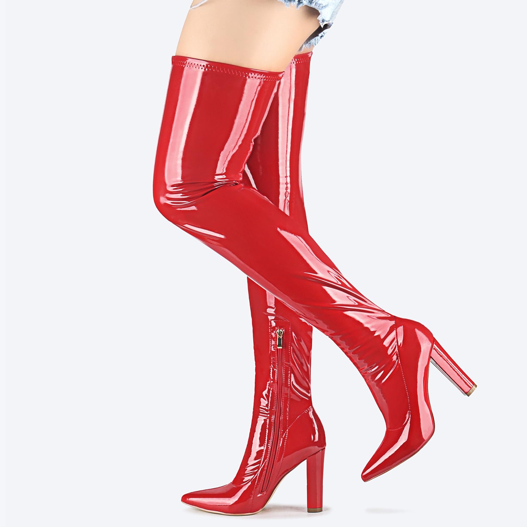 Wsheliu Red Thigh High Leather Boots Over The Knee Boots Women Side Zipper Chunky Heels Tall Boots Trendy Pointed Toe Thigh High Boots Fall Boots Size 7.5