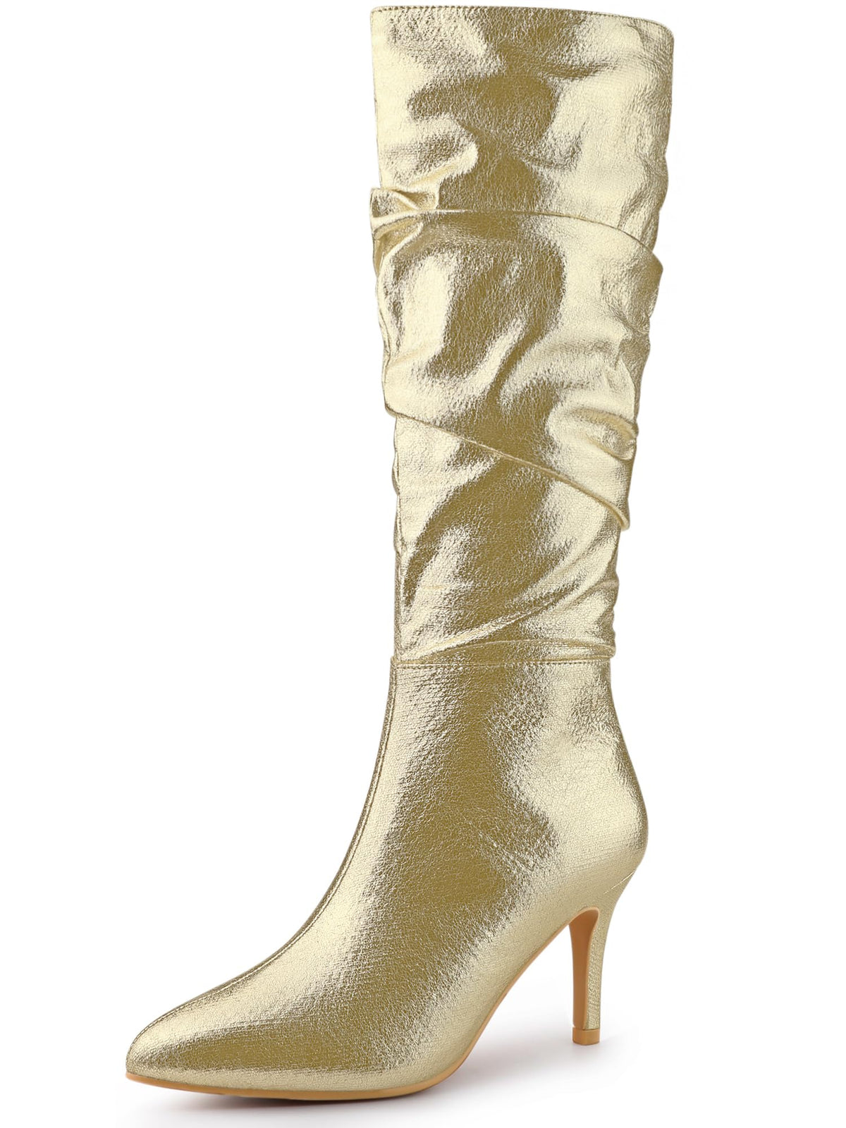 Allegra K Women's Pointed Toe Slouch Stiletto Heels Gold Knee High Boots 9 M US