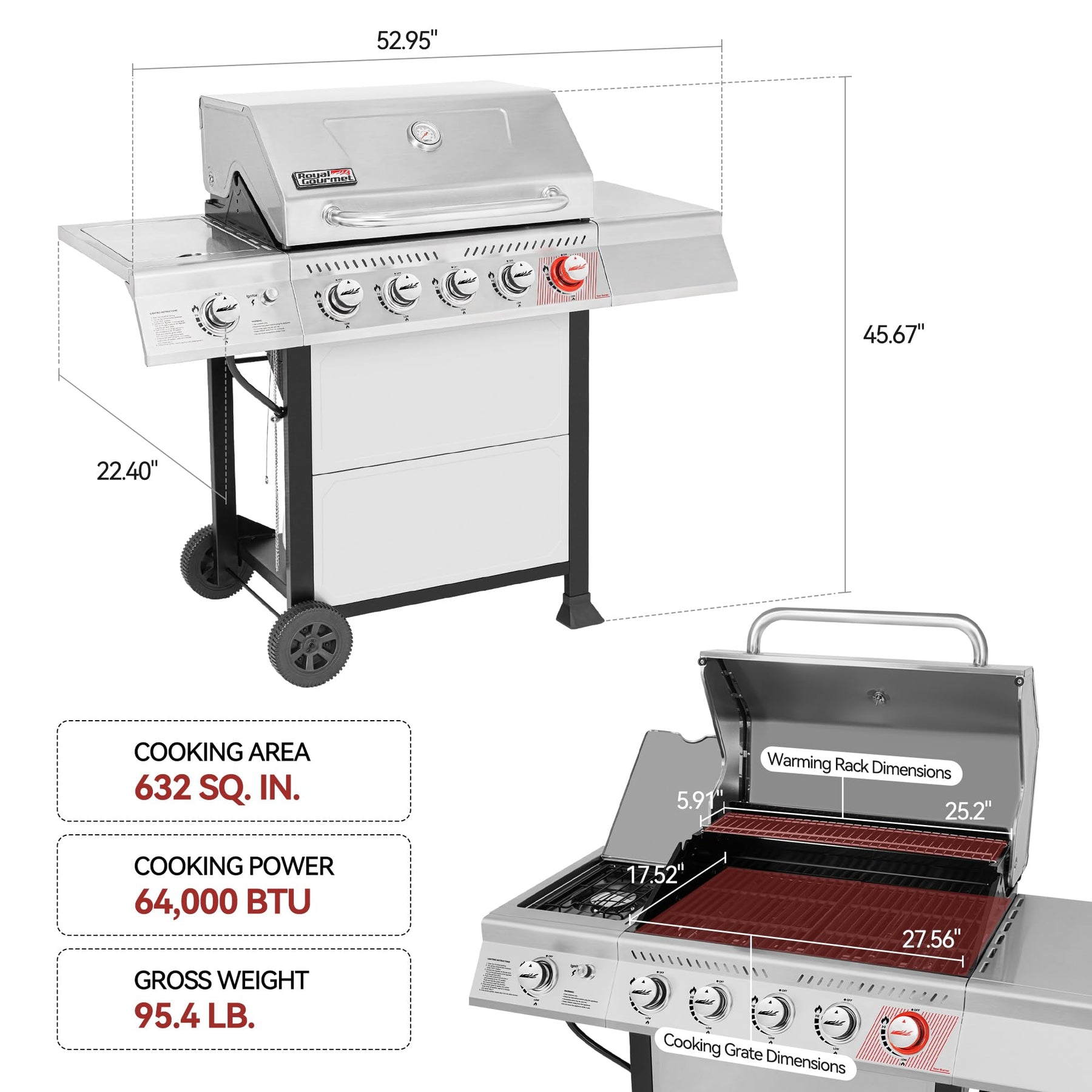 Royal Gourmet GA5401T 5-Burner BBQ Propane Grill with Sear Burner and Side Burner, Stainless Steel Barbecue Gas Grill for Outdoor Patio Garden Picnic Backyard Cooking, 64,000 BTU, Silver