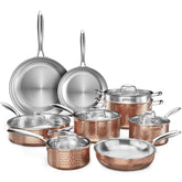 imarku Stainless Steel Pots and Pans Set, 14PCS Kitchen Cookware Sets with Lids, Non-Toxic Tri-Ply Clad Hammered Stainless Steel, Suits Ceramic and Induction, Oven and Dishwasher Safe, Rose Gold