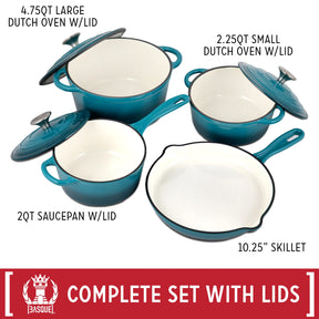 Basque Enameled Cast Iron Cookware Set, 7-Piece Set (Biscay Blue), Nonstick, Oversized Handles, Oven Safe; Skillet, Saucepan, Small Dutch Oven, Large Dutch Oven, 10.25", 2QT, 2.25QT, 4.75QT