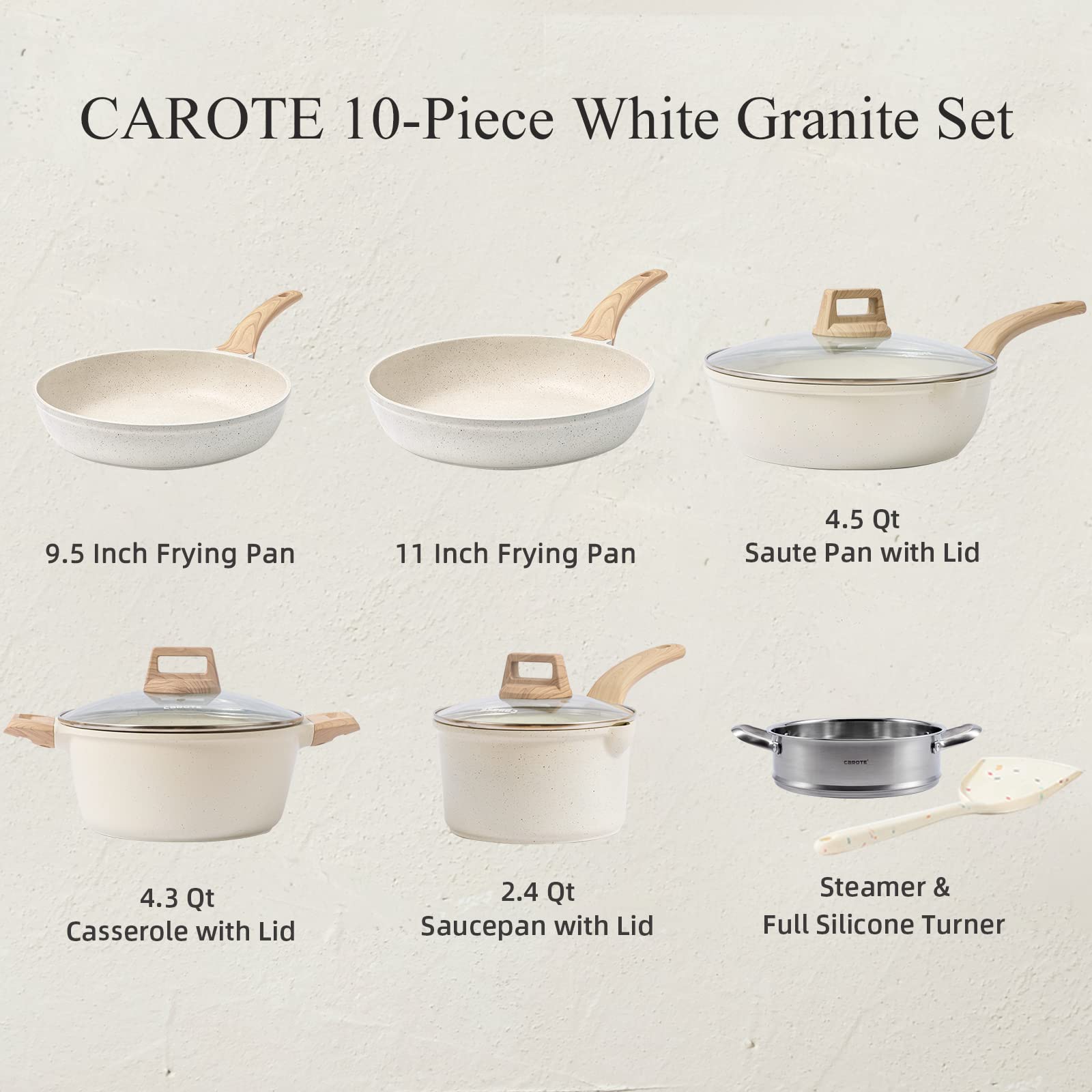 CAROTE Pots and Pans Set Nonstick, White Granite Induction Kitchen Cookware Set, 10 Pcs Non Stick Cooking Set w/Frying Pans & Saucepans(PFOS, PFOA Free)