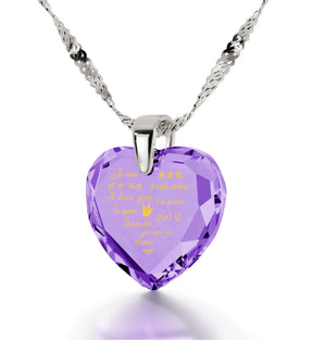 Silver Heart Necklace I Love You in 12 Languages 24k Gold Inscribed Cubic Zirconia