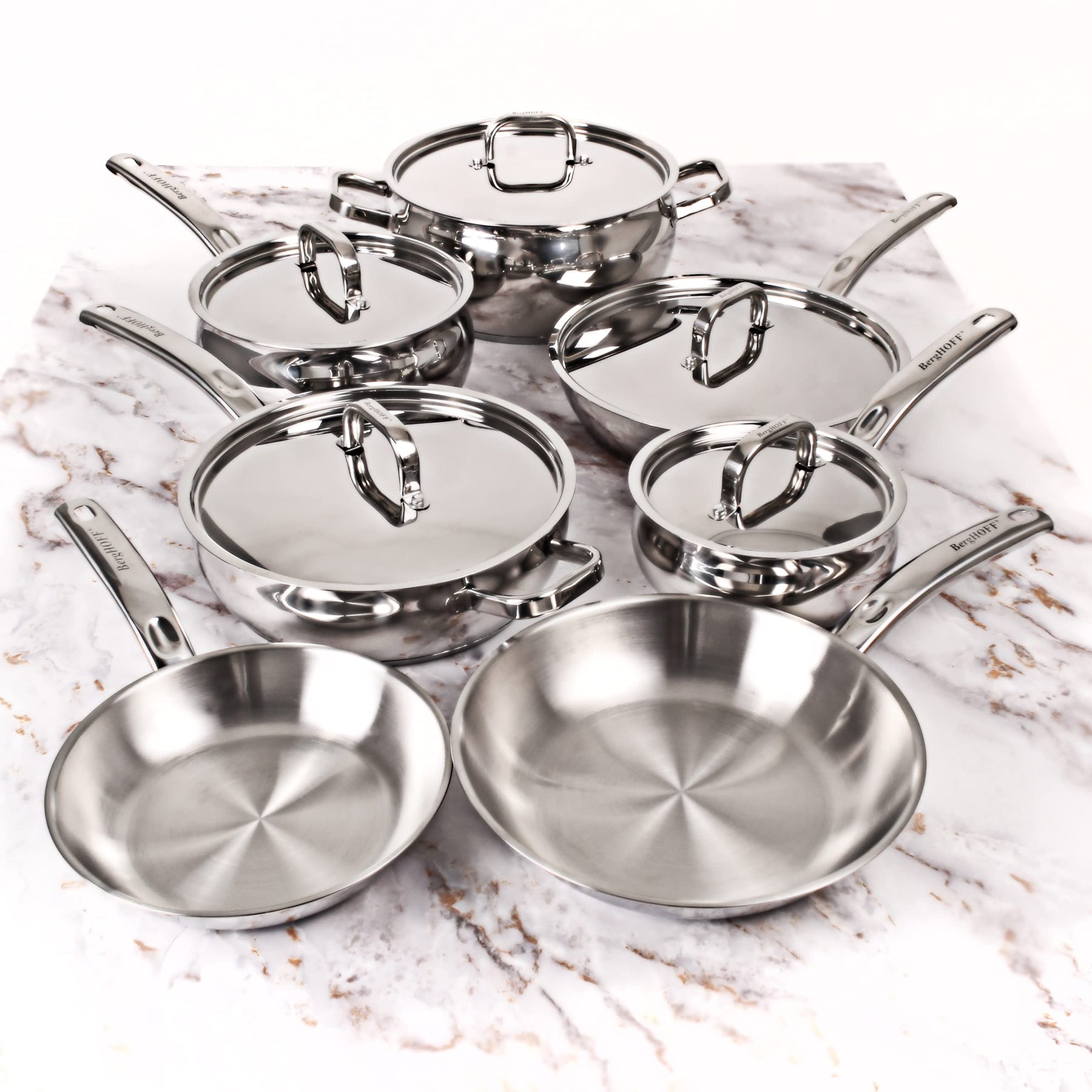 BergHOFF Belly Shape 18/10 Stainless Steel 12Pc Cookware Set, Metal Lids, Fast, Evenly Heat, Induction Cooktop Ready