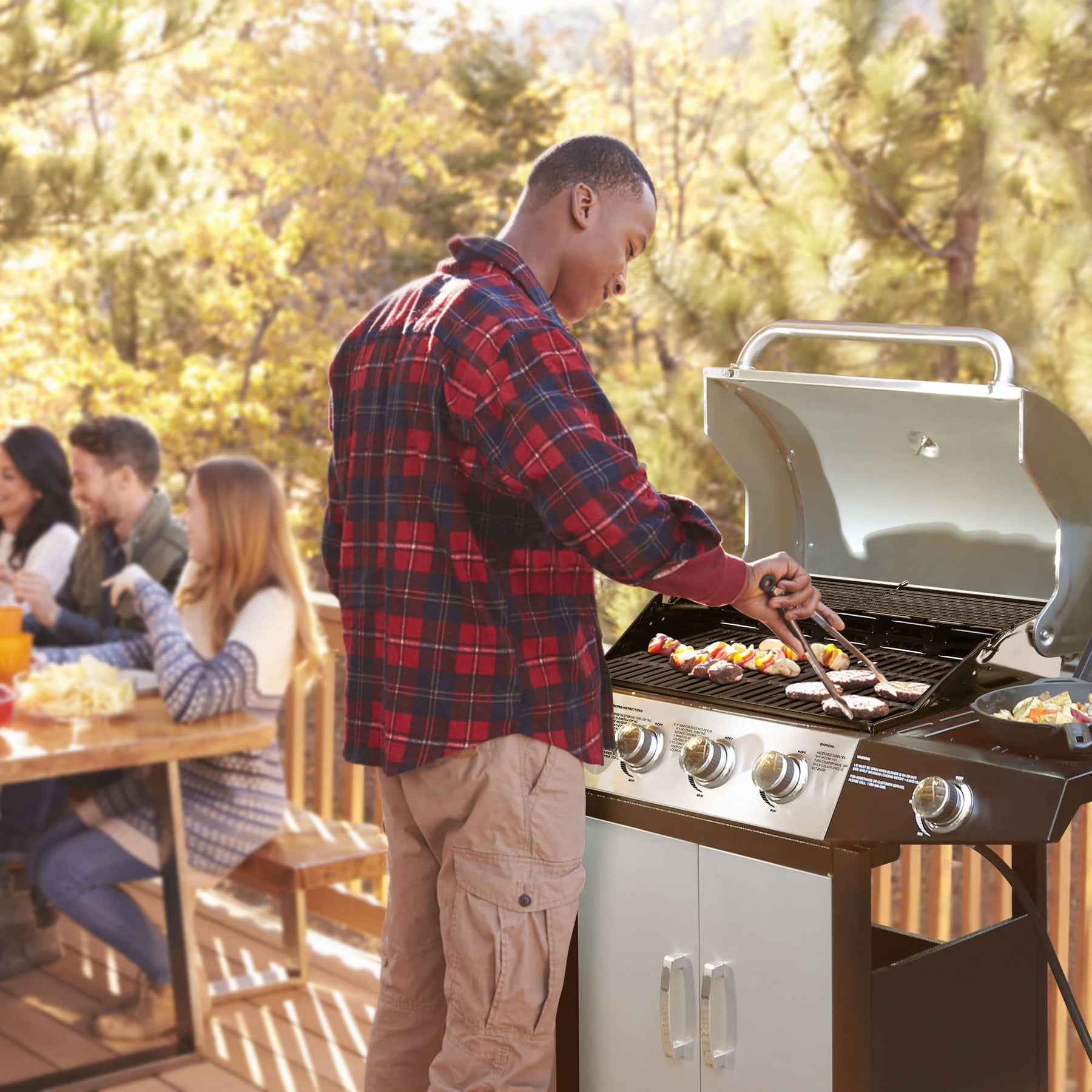 MASTER COOK Gas Grill, BBQ 4-Burner Cabinet Style Grill Propane with Side Burner, Stainless Steel