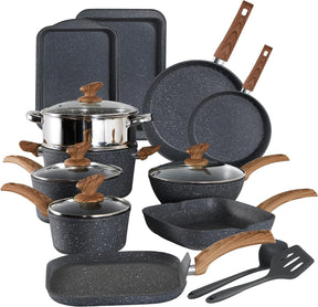 Kitchen Induction Cookware & Bakeware Set - 30 Piece Black Granite Cooking Pans Set, Non-Stick Pots and Pans Set