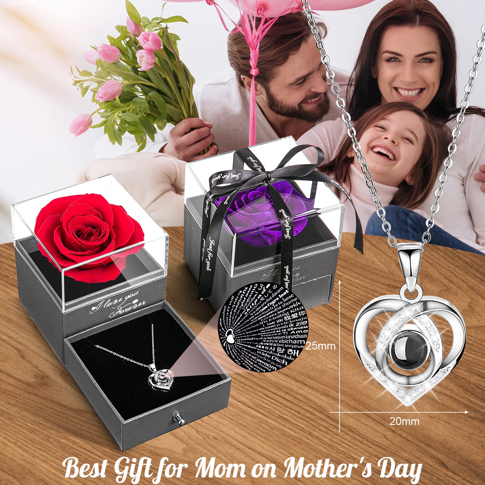 TRAALL Mom Gifts for Mothers Day Preserved Real Rose with I Love You Necklace Eternal Rose Flowers Gifts for Mom Wife Girlfriend Grandma on Mothers Day Anniversary Birthday Gifts for Women(Red)