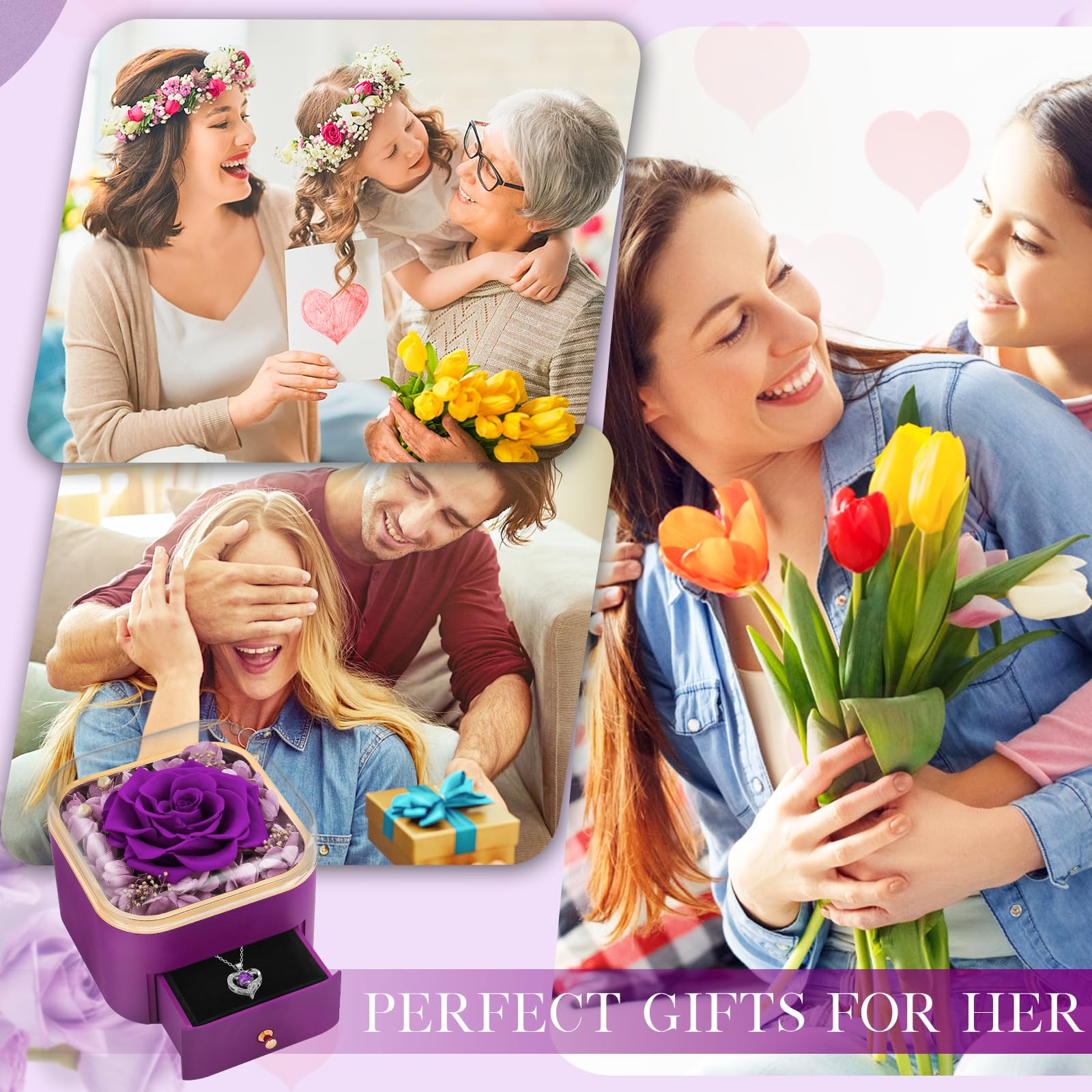 Beferr Mothers Day Mom Gifts for Women Birthday Gifts Preserved Real Purple Rose with Necklace Eternal Roses Forever Flowers Mothers Day Rose Gifts for Mom from Daughter Wife Sister Grandma