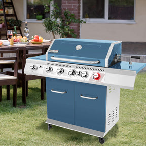 Royal Gourmet GA5403B 5-Burner BBQ Cabinet Style Propane Gas Grill with Rotisserie Kit, Sear Burner, Rear Burner and Side Burner, 74,000 BTU Patio Picnic Backyard, Outdoor Party, Blue