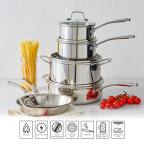 Martha Stewart Castelle 10 Piece 18/8 Stainless Steel Induction Safe Pots and Pans Non-Toxic Cookware Set