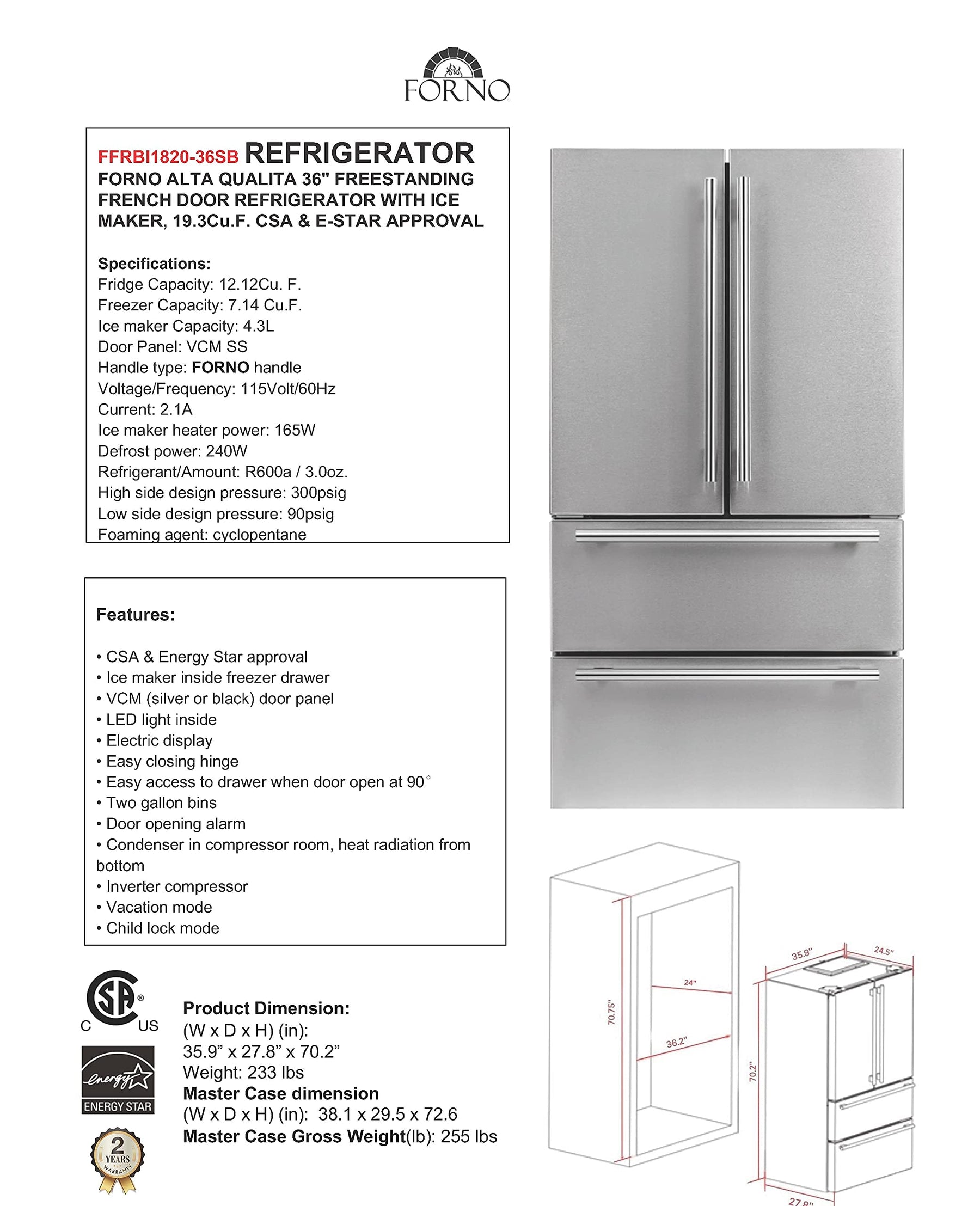 Forno Moena 36" Inch W. Refrigerator and Freezer with 19.2 cu.ft Total Capacity - French Door Counter Stainless Steel Freestanding Fridge with Ice Maker, Child Safety Lock and Touch Control