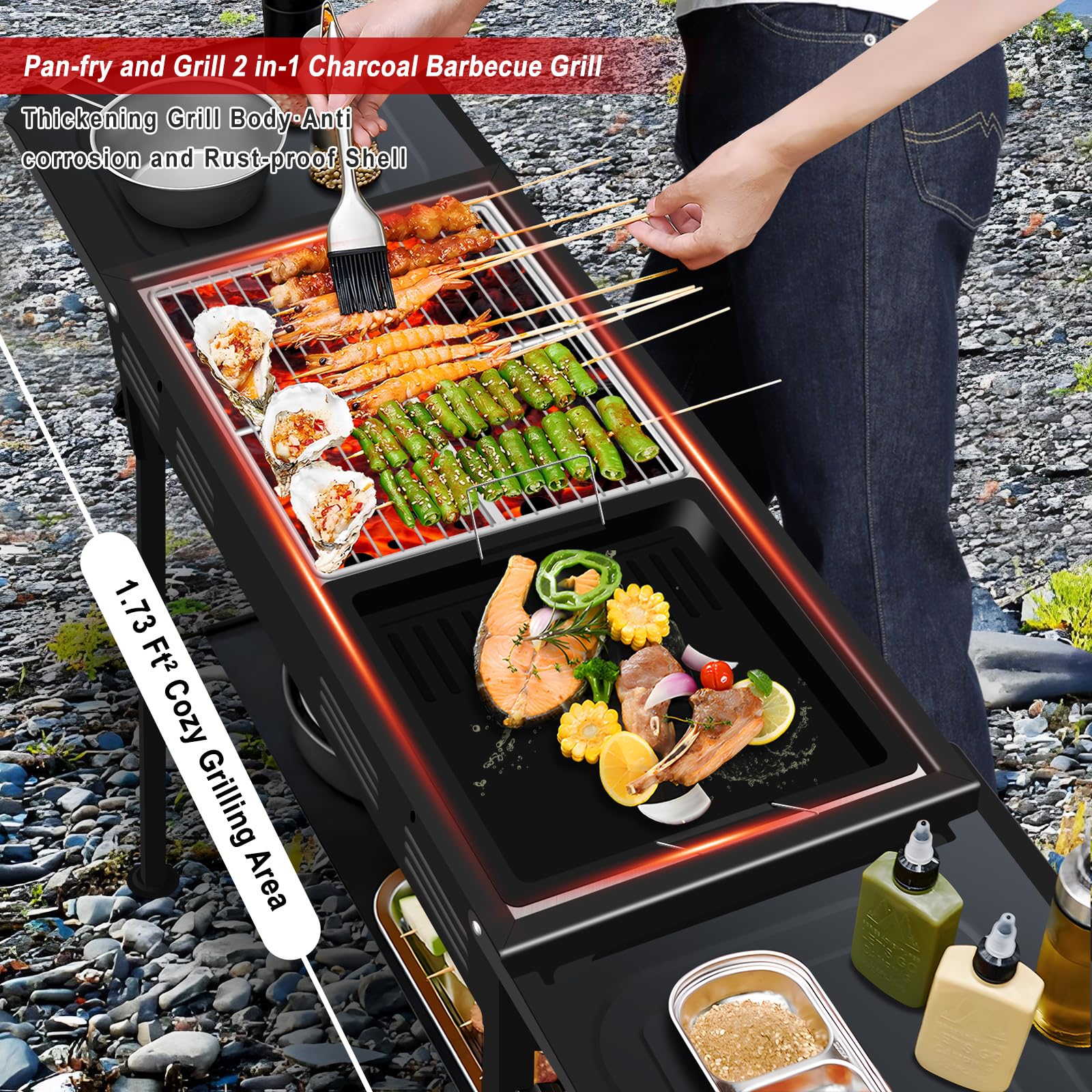 VACHAN Portable Charcoal Grills for Outdoor BBQ, Hibachi BBQ Lamb Skewer Folded Camping Barbecue Kabob Grill for Garden Backyard Party Picnic Travel Outdoor Cooking