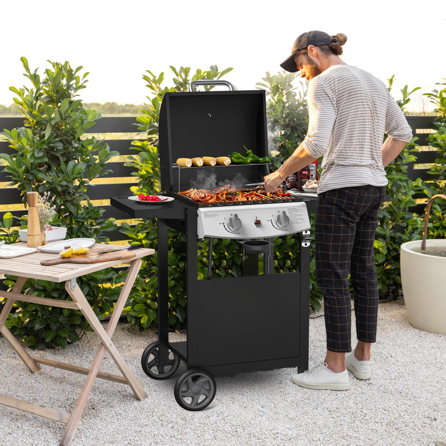 Havato 21000 BTU Propane Gas Grill with 2-Burner,325 sq.in. Outdoor BBQ Grill for Barbecue Cooking with Top Cover Lid,Wheels,Side Storage Shelves,Barbeque Stove for Patio Garden Camping,Black