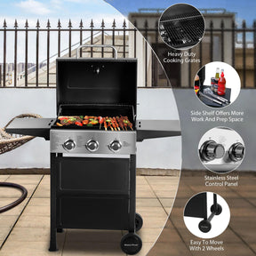 MASTER COOK 3 Burner BBQ Propane Gas Grill, Stainless Steel 30,000 BTU Patio Garden Barbecue Grill with Two Foldable Shelves