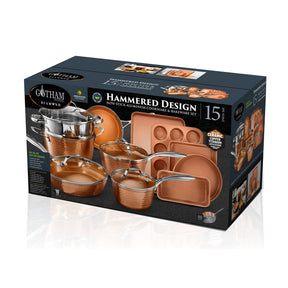 Gotham Steel Hammered 15 Pc Ceramic Pots and Pans Set Non Stick Cookware Set, Kitchen Cookware Sets, Ceramic Cookware Set with Non Toxic Cookware, Copper Pot and Pan Set, Oven & Dishwasher Safe