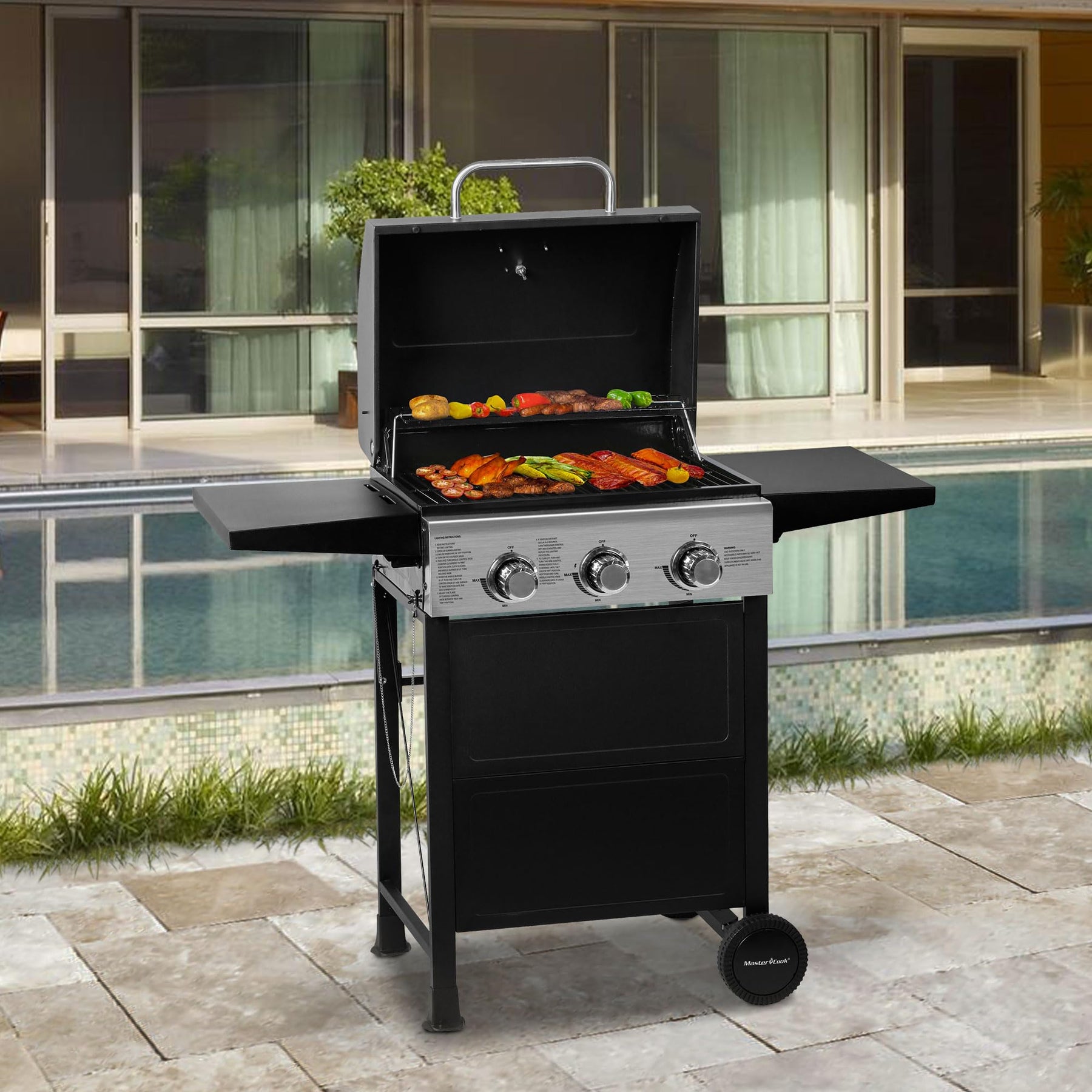 MASTER COOK 3 Burner BBQ Propane Gas Grill, Stainless Steel 30,000 BTU Patio Garden Barbecue Grill with Two Foldable Shelves